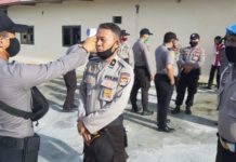 Urkes Polres Pasangkayu, Riksa Suhu Tubuh Setelah Apel Pagi.