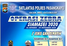 Sat Lantas Polres Pasangkayu akan melaksanakan Operasi Zebra Siamasei 2020 selama 14 Hari sejak tanggal 26 Oktober 2020 s/d 08 Nopember 2020