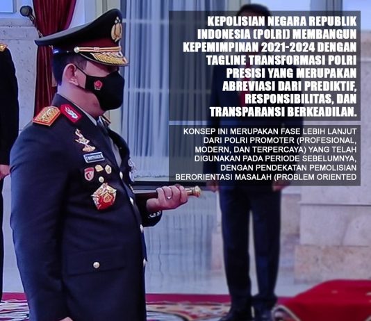 Menuju Polri yang Presisi, Kepolisian Negara Republik Indonesia ( Polri ) Membangun Kepemimpinan 2021 – 2024 Dengan Tagline Transfromasi Polri presisi yang merupakan Abreviasi Dari Prediktif, Responsibilitas dan Transparansi Berkeadilan