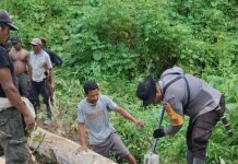 Bhabinkamtibmas Polsek Pasangkayu Bersama Warga Desa Gotong Royong Perbaiki Jembatan yang Rusak