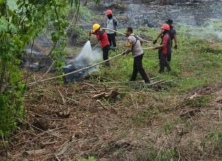 Bhabinkamtibmas Polsek Pasangkayu Bersama Warga dan Tim Gabungan Padamkan Kebakaran Lahan di Afd. India PT Pasangkayu